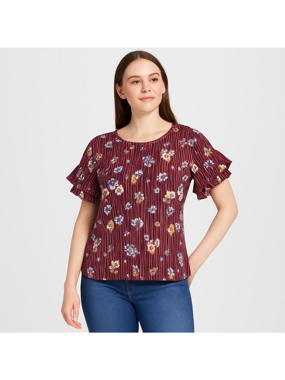 EUC Haute Monde Ruffle Sleeve Floral Blouse Size L Burgundy Stripe - 0751
